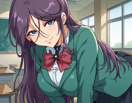 score_9, score_8_up, score_7_up, source_anime,
reikashichijou, <lora:reika-shichijou-ova-ponyxl-lora-nochekaiser:1>,
reika shichijou, long hair, blue eyes, large breasts, purple hair,
school uniform, blazer, green blazer, long sleeves, skirt, black skirt, pleated skirt, bowtie, red bowtie,
indoors, classroom, bent over, smile,
looking at viewer, cowboy shot, solo, dutch angle,