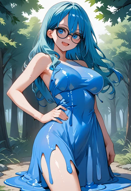 score_9, score_8_up, score_7_up, source_anime, ((<lora:liquid_dress-XL-2.0:3>)), 1 girl, solo, blue hair, long hair, blue eyes, square glasses, playful look, open mouth, smile, big breasts, slim waist, big hips, big ass, (((blue liquid dress:2))), (melted clothes:1.4), ((torn clothes)), sexy pose, one hand on hip, front view, forest background, perfect hands, high quality, masterpiece, MegaW,