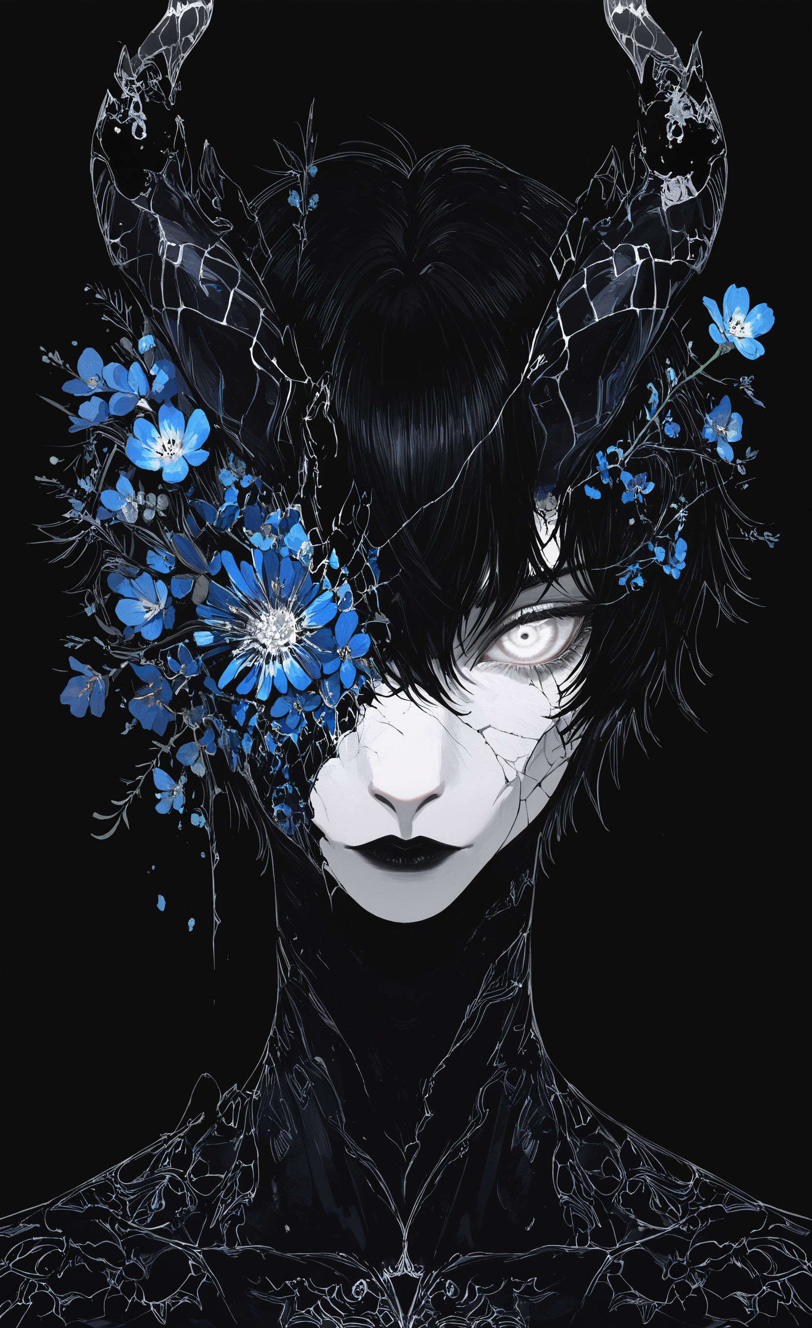 masterpiece, best quality, good quality, very awa, newest, highres, absurdres, solo, looking at viewer, simple background, black hair, 1boy, male focus, flower, horns, colored skin, black background, portrait, furry, blue flower, straight-on, white eyes, crack, black lips, cracked skin, breaking, limited palette, <lora:illustriousXL_stabilizer_v1.23:0.3> <lora:NOOB_vp1_detailer_by_volnovik_v1:0.3> <lora:ponyv6_noobE11_2_adamW-000017:0.3> <lora:114558v4df2fsdf5:0.6> <lora:XXX667:0.4> <lora:mon_monmon2133:0.5>