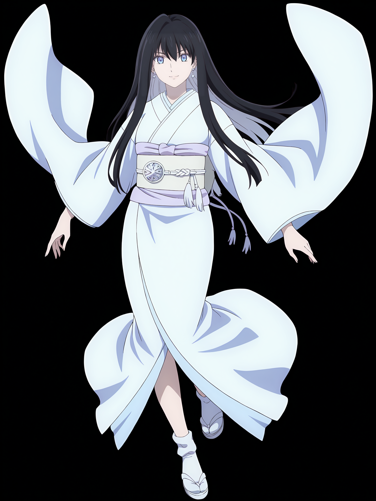 <lora:Yuki-Onna:0.8>yuki_onna, 1girl, solo, black and white long hair, blue eyes, white earrings, long white kimono, white obi, white socks, white sandals, calm, smile, neutral, black background, looking at viewer, full body, dynamic pose