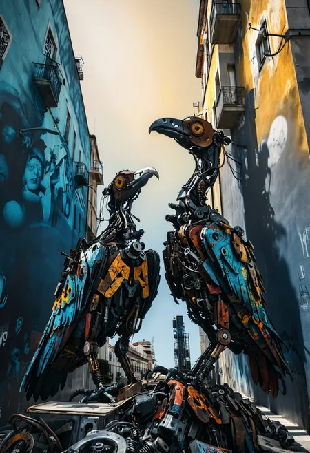 comic book art of [ dappled sunlight on a black background : (Mechanical), rich deep colors, dark and moody, a mesmerizing blend of shadows, close-up portrait of street art by Bordalo II in downtown Lisbon, a mechanical vulture. strong contrast, stark, dramatic, high contrast, masterpiece, absurdres, intricate details <lora:TQ_-_Animals_Made_Of_Ruins:0.8> : 4], comic art, graphic novel illustration