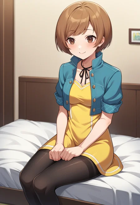 score_9, score_8_up, score_7_up, source_anime BREAK 1girl, solo,
<lora:zs_ChieXL:1> chietimeskip, brown hair, medium hair, brown eyes, blue jacket, cropped jacket, yellow dress, black pantyhose
cowboy shot, smile, blush, closed mouth, bedroom, bed, sitting, hands on lap