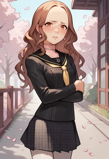 score_9, score_8_up, score_7_up, source_anime, 1girl, thigh up, looking at viewer, arm hug, embarrassed, blush, <lora:zs_AiXL:1> aip4, brown hair, long hair, messy hair, earrings, choker, black serafuku, grey skirt, pantyhose, outdoors, cherry blossoms