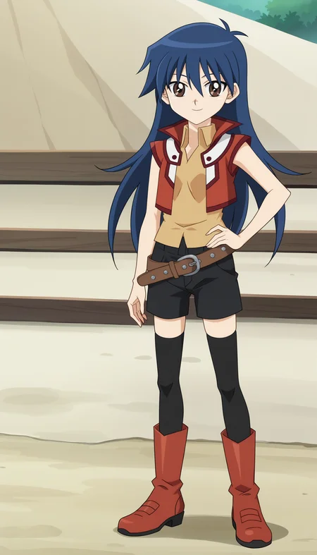 outdoors,
 <lora:BlairSDXL_1:1>,blairf, 1girl,solo, long hair, blue hair, sleeveless jacket, sleeveless shirt, brown eyes, smile, brown belt, hair between eyes, looking at viewer, black thighhighs, standing, black shorts, full body, red footwear,, knee boots, hand on own hip, ,skinny, 
anime screencap, anime coloring, official art,
