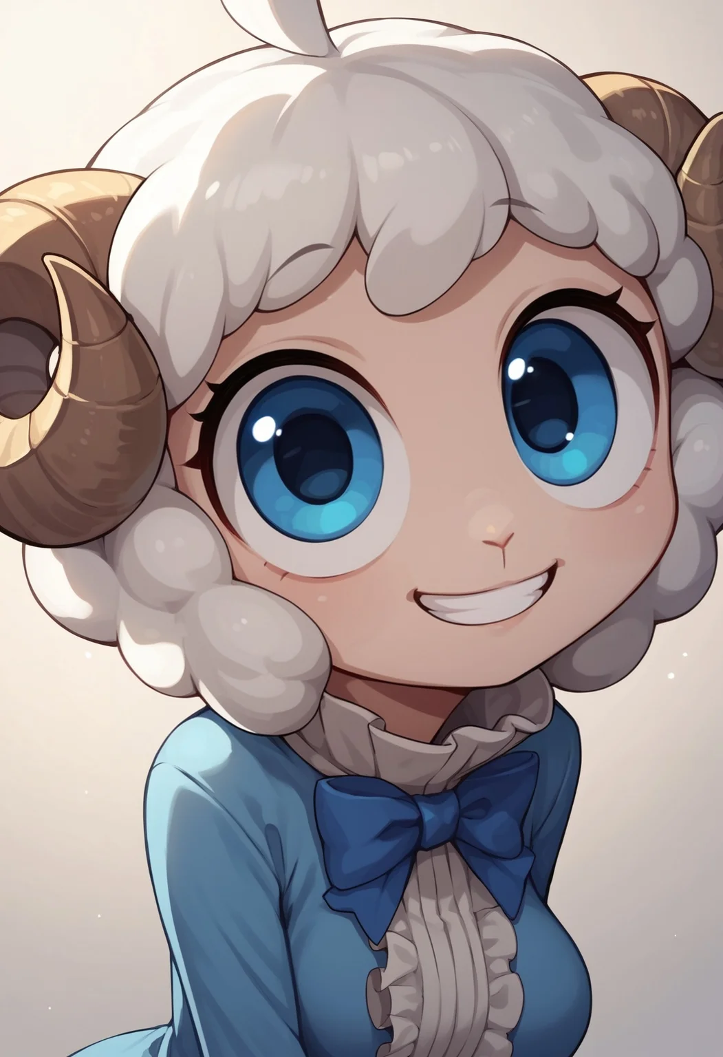 big eyes,
score_9,score_7_up,
leaning forward, smiling, grin,
1girl, solo, sheep girl, sheep horns, blue eyes, white hair, blue dress, frills, high collar, bowtie, ahoge,medium breasts,
score_8_up,score_6_up,score_5_up, source_anime, <lora:big_eyes_v1:2>
