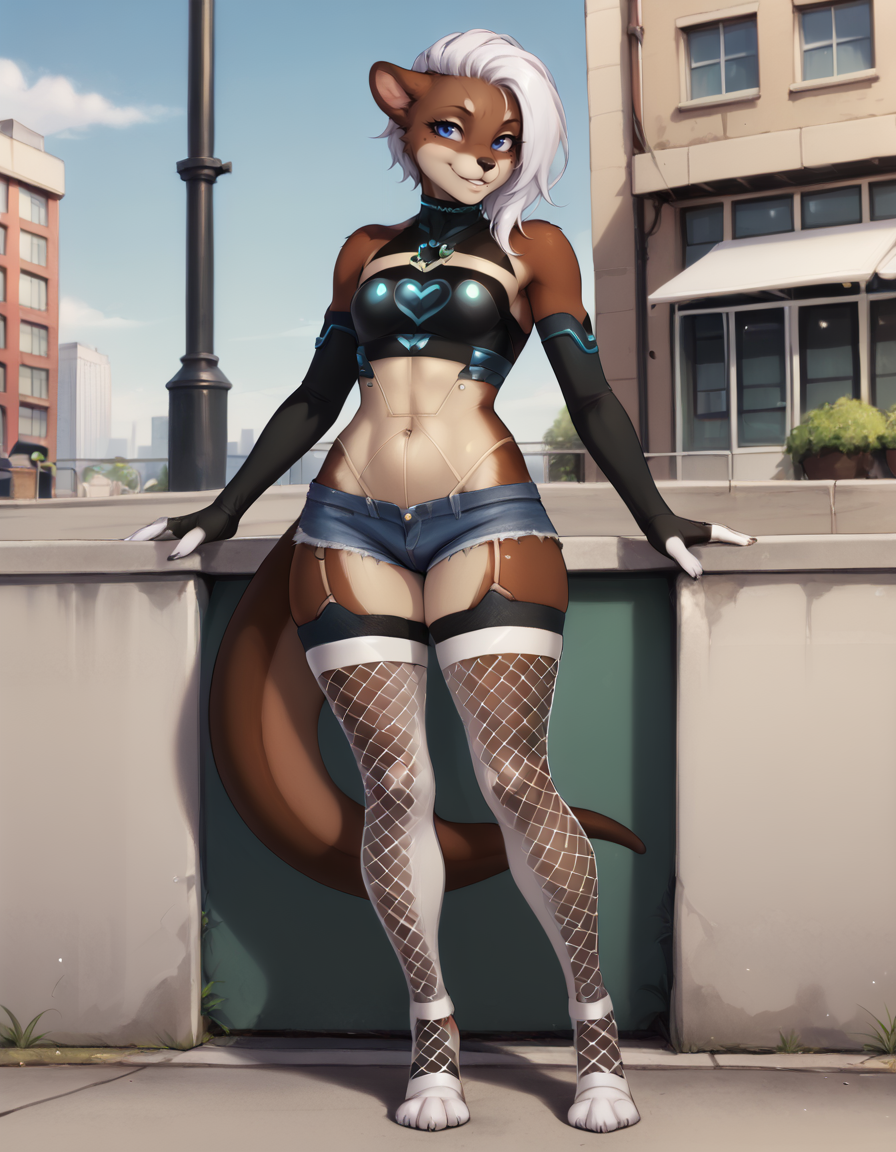 outdoors,city,
full body,smile,parted lips,long eyelashes,mole under eye,
denim shorts,crop top, 
<lora:Merry_v01_PDXL:1>,Merry,1girl,solo,furry female,white hair,short hair,animal ears,blue eyes,tail,dark skin,fishnet thighhighs,elbow gloves,