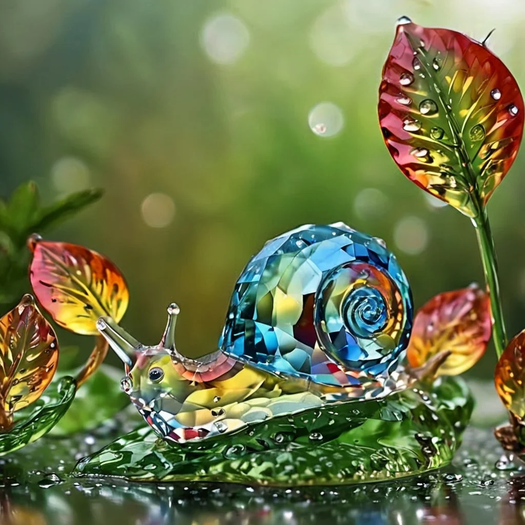 pamcrystal,a snail on a leave,dew drops,colorful,moss,full depth of field and realistic textures,highly detailed,masterpiece,high quality, 8K Ultra HD