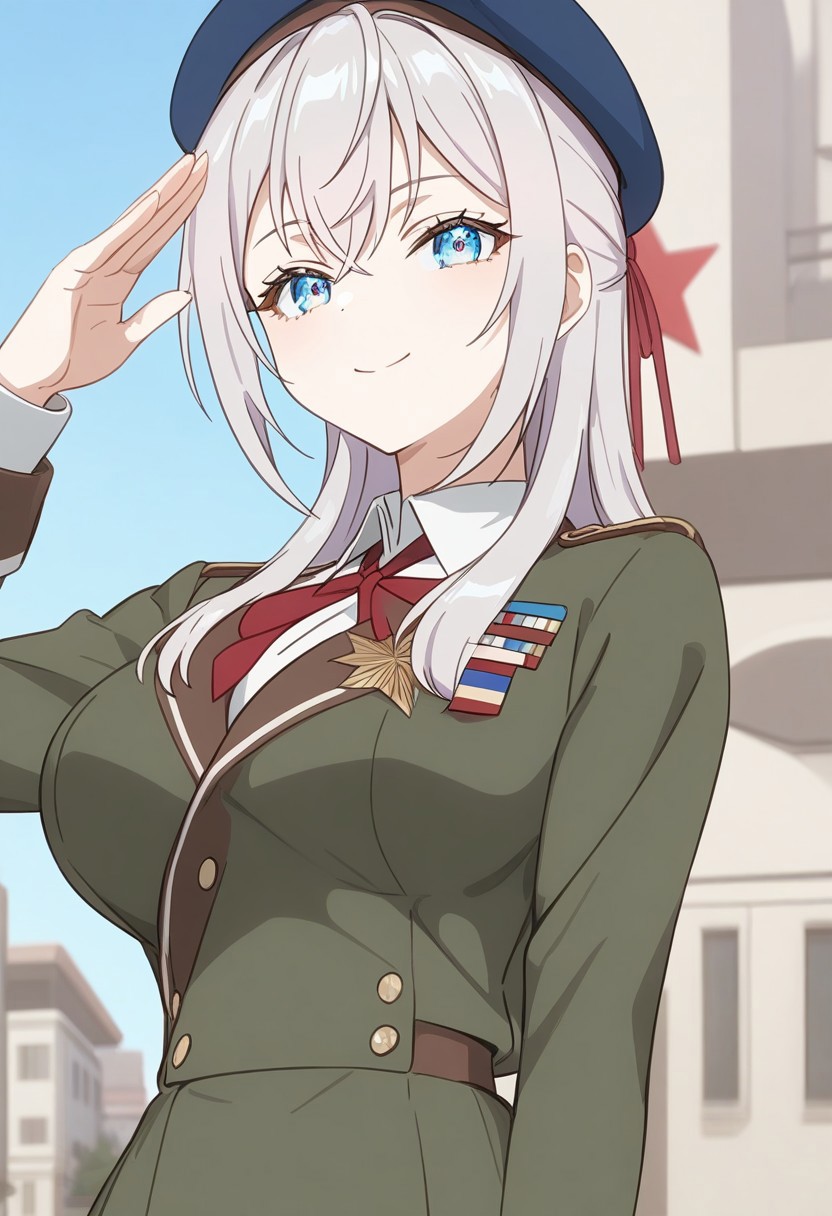 , 1girl, solo, narrow waist, masterpiece,  high quality, highres, best quality,  <lora:alisa-1.0>
,  girl in green spotted military uniform, blue beret with red star on head, holds hand to temple, salutes, military unit in background, hands of character off-screen attach medal to chest, satisfied smile, beautiful face, detailed eyes and eyelashes, chiaroscuro, smile, big breasts