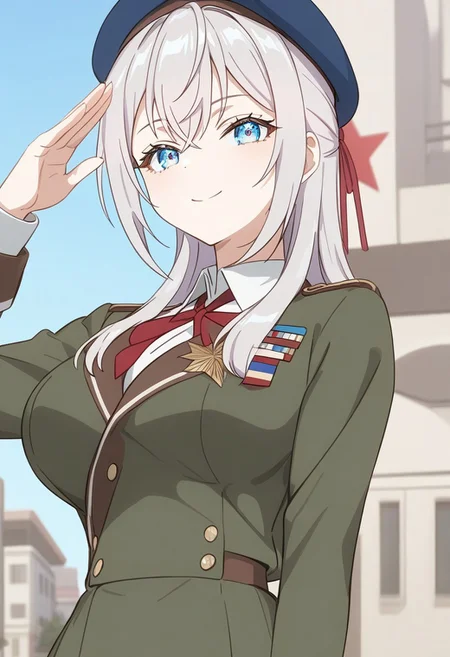 , 1girl, solo, narrow waist, masterpiece,  high quality, highres, best quality,  <lora:alisa-1.0>
,  girl in green spotted military uniform, blue beret with red star on head, holds hand to temple, salutes, military unit in background, hands of character off-screen attach medal to chest, satisfied smile, beautiful face, detailed eyes and eyelashes, chiaroscuro, smile, big breasts
