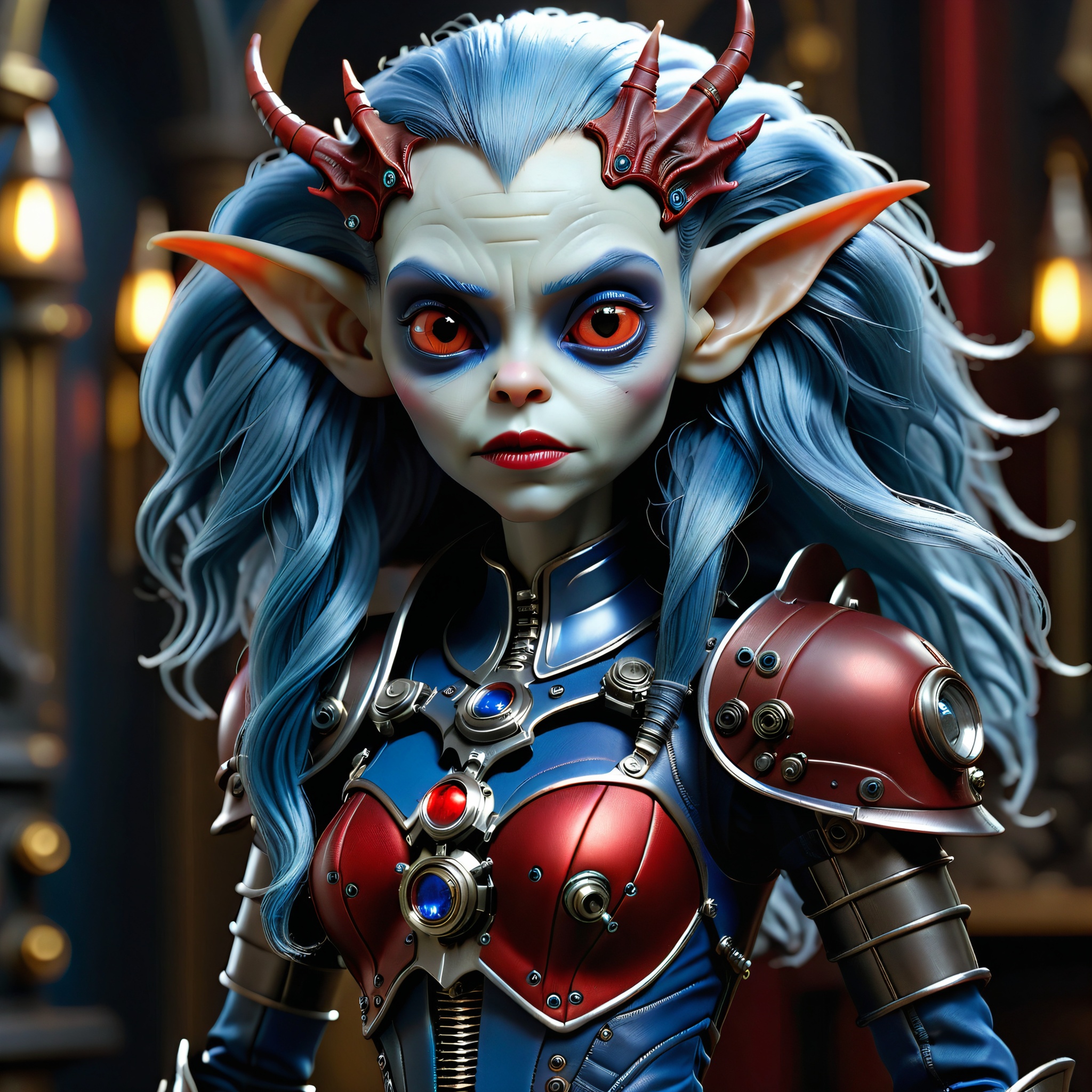 masterpiece, intricate photo of chritmas female mechanical alien android gremlin in knight armor, long blue hair, vampire clothing, nosferatu dress, cyberpunk style, steampunk style, gothic art, red blue dress, hyper realistic, highly detailed, sharp focus, best quality, 8K