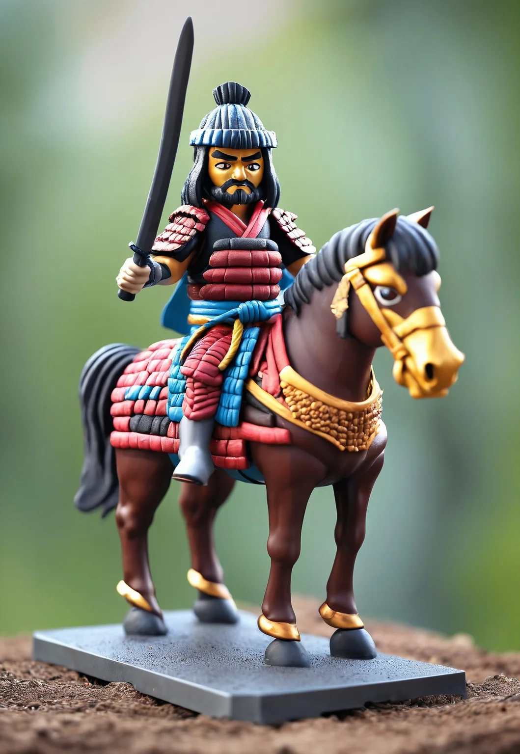 novuschroma53 style a handmade, cartoon, statue of a a samurai warrior on a horse, full body, isometric, top down, game asset, handmade, game icon, cartoon