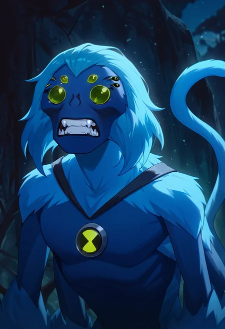 masterpiece, best quality, amazing quality, very aesthetic, absurdres, newest,, detailed background, 
spidermonkey, extra eyes, solo, blue skin, extra arms, long blue tail, , green eyes, teeth, blue hair, , teeth, fangs, four arms, 
upper body, no humans,