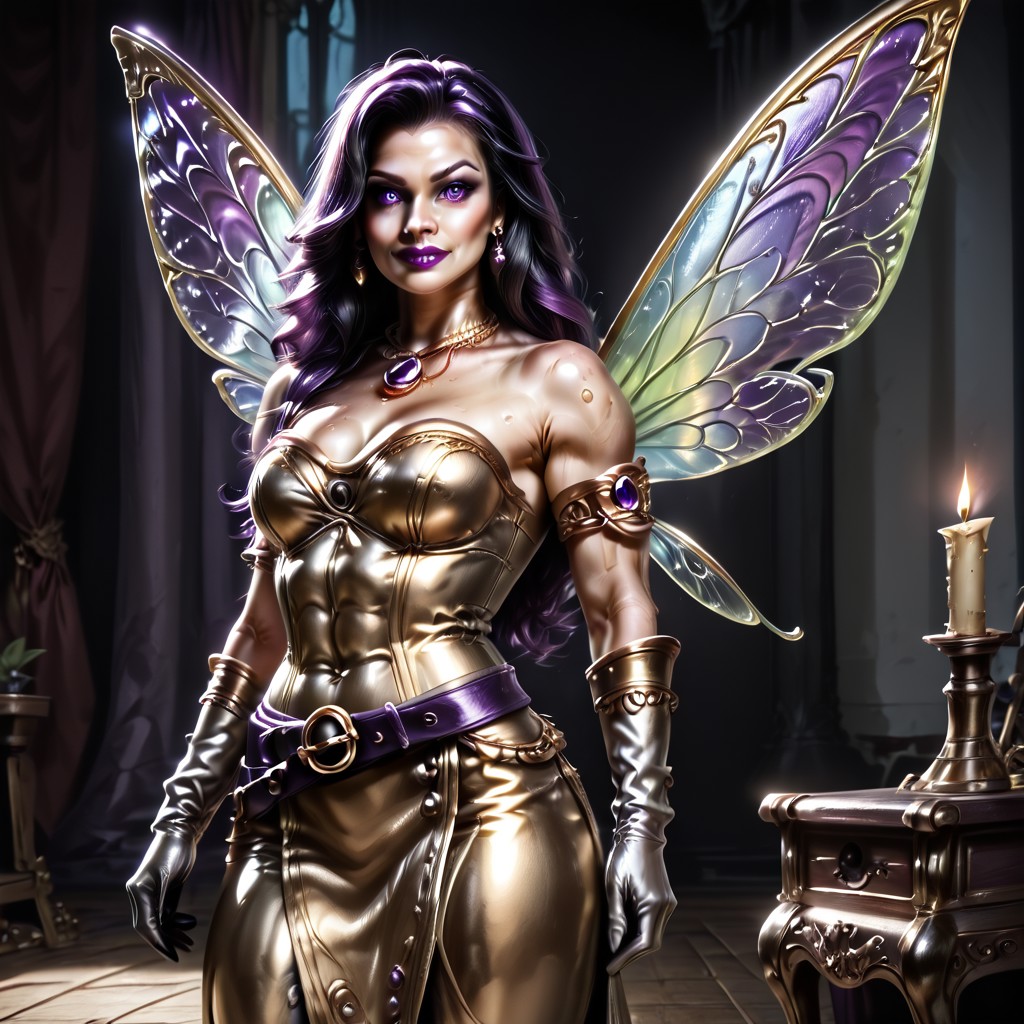 Action scene, Photo realistic, hyper realistic, score_9, rating_safe, solo (arch fey woman, (beautiful detailed face), (violet eyes), (bronze metallic gold skin ral-polishedsteel), (pirate, white blouse, black pants, gloves), (fairy wings), (long black hair), (thick thighs | large muscles), (sword belt)), standing next to a throne, in a detailed throne room, hi res, hi quality, 4k, realism