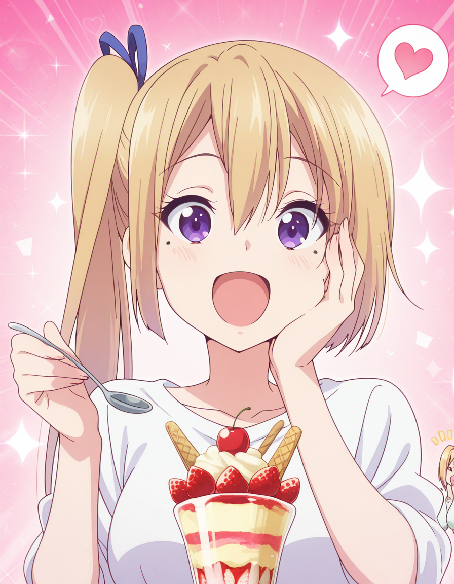 masterpiece, best quality, amazing quality,, <lora:mai-kawakami-s1-illustriousxl-lora-nochekaiser:1>, mai kawakami, blonde hair, hair ribbon, long hair, mole, mole under eye, ribbon, side ponytail, purple eyes, mature female, breasts, anime screencap, <lora:parfait-illustriousxl-lora-nochekaiser:1>, parfait, open mouth, heart, food, sparkle, fruit, happy, hand on own face, spoken heart, ice cream, strawberry, spoon, hand on own cheek, cherry, holding spoon, , ,