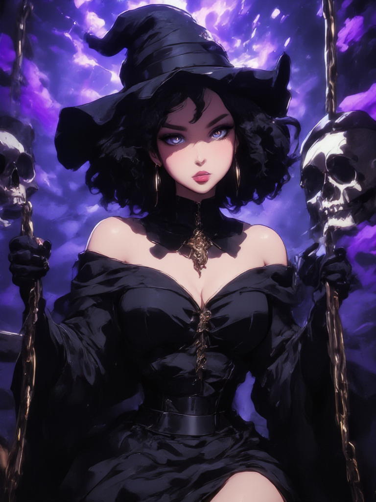 witch, chain, skull, haughty, Adjust Hair, Wavy Hair, Off-shoulder Dress, Witch Dress, witch hat, Collar, Lace-Trimmed Gloves, provocative, World Masterpiece Theater, Iridescent, High Saturation, Sitting On A Throne, purple and black theme outfit,  FADOOSTYLEV2 <lora:FadooStyleV2_r1:1> <lora:Add_More_details_Flux:1>