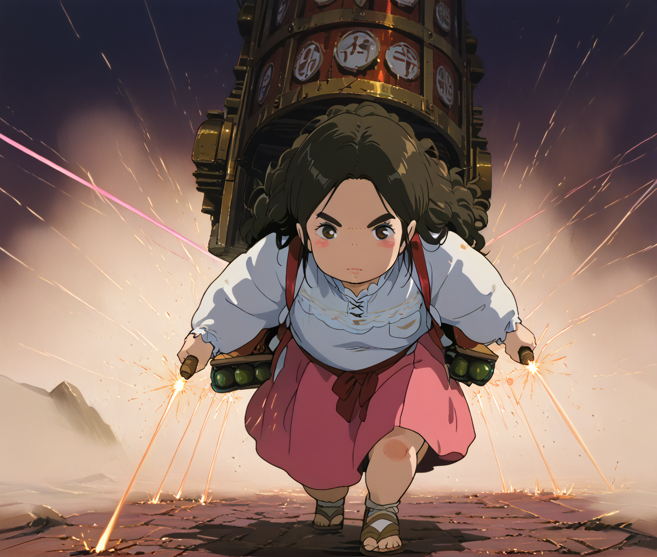 IllusP0s, PonyScores7, source_anime, ah1, IllustriousQual, interesting, exciting, spectacular, wonderful, epic, <lora:StudioGhibliUltimateV3:1>,
BREAK (anime screenshot),
BREAK 1girl, mature female, (round face:1.2), (thick eyebrows:1.3), (curvy), round-chin, caucasian, (plump face), <lora:Round_face:0.2>, <lora:ETO_OC_Illustrius:0.5>, eto_oc, skindentation, (plump), thick thighs, wide hips, busty, voluptuous, lips, <lora:venus body PonyXL:0.3>, <lora:shinyskin2:0.2>, glistening skin,
BREAK  (curly hair), long hair, (black hair:1.4), (parted hair:1.7), messy hair, kinky curls, <lora:hairdetailpxl:0.2>, hairdetailpxl,
BREAK (brown eyes), (colorful eyes), (multicolored eyes), (downturned eyes:1.4), <lora:expressive eyes:0.2>, expressive eyes, <lora:eyedetailpxl:0.2>, eyedetailpxl, <lora:Eyes_High_Definition:0.2>, EyesHD,
BREAK ((awesome face)), <lora:Expressive_H:0.2>, Expressiveh, <lora:Emotional_Anime_Expressions_PonyXL_Concept:0.2>, emotional, <lora:Best_Facial_Expression_LoRA_PONY:0.2>, looking at viewer, <lora:Detailed expressive EXEV style -XL Pony V1.0:0.2>, FaceDetail,
BREAK ((holding weapon, weapon, smoke grenade)),
BREAK (Sweet Pink light pink tulle skirt with a white blouse paired with silver sandals),
BREAK (((A barren desert moon with twin suns setting on the horizon, casting an eerie orange glow, In the foreground, a human military outpost is under siege by an alien invasion force, Dust clouds kick up as hover tanks speed across the cracked desert floor, while laser fire from both sides fills the air, In the distance, towering alien war machines stomp toward the human defenses, with spaceships locked in aerial combat above the base))),
BREAK <lora:xl_more_art-full_v1:0.2>, <lora:aesthetic_anime_v1s:0.2>, <lora:EpicF4nta5yXL:0.2>, <lora:detailxl:0.2>, detailxl, <lora:Fant5yP0ny:0.2>, best quality, amazing quality, best aesthetic, absurdres, illustration, Volumetric_Lighting, ultra-detailed, very aesthetic, intricate details, 8k, masterpiece, best_quality
BREAK Stable_Yogis_PDXL_Positives, AS-Adult, <lora:Complicated fantasy portrait - XL Pony V2.0:0.2>, bad-hands-5, <lora:HDA_Detailer:0.3>, HDA_FatGirlXL,