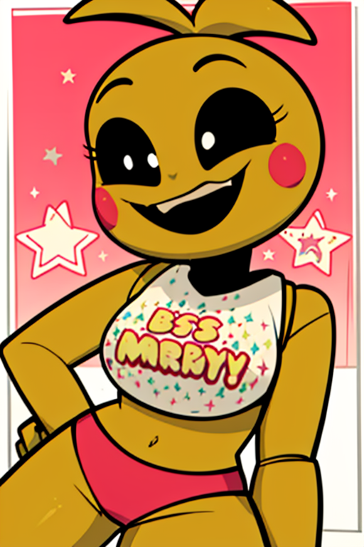 <lora:xierra-10:1> xierra, , solo lucy, freckles, star (symbol) <lora:fnaf toychica-06:1> toychica, masterpiece, best quality