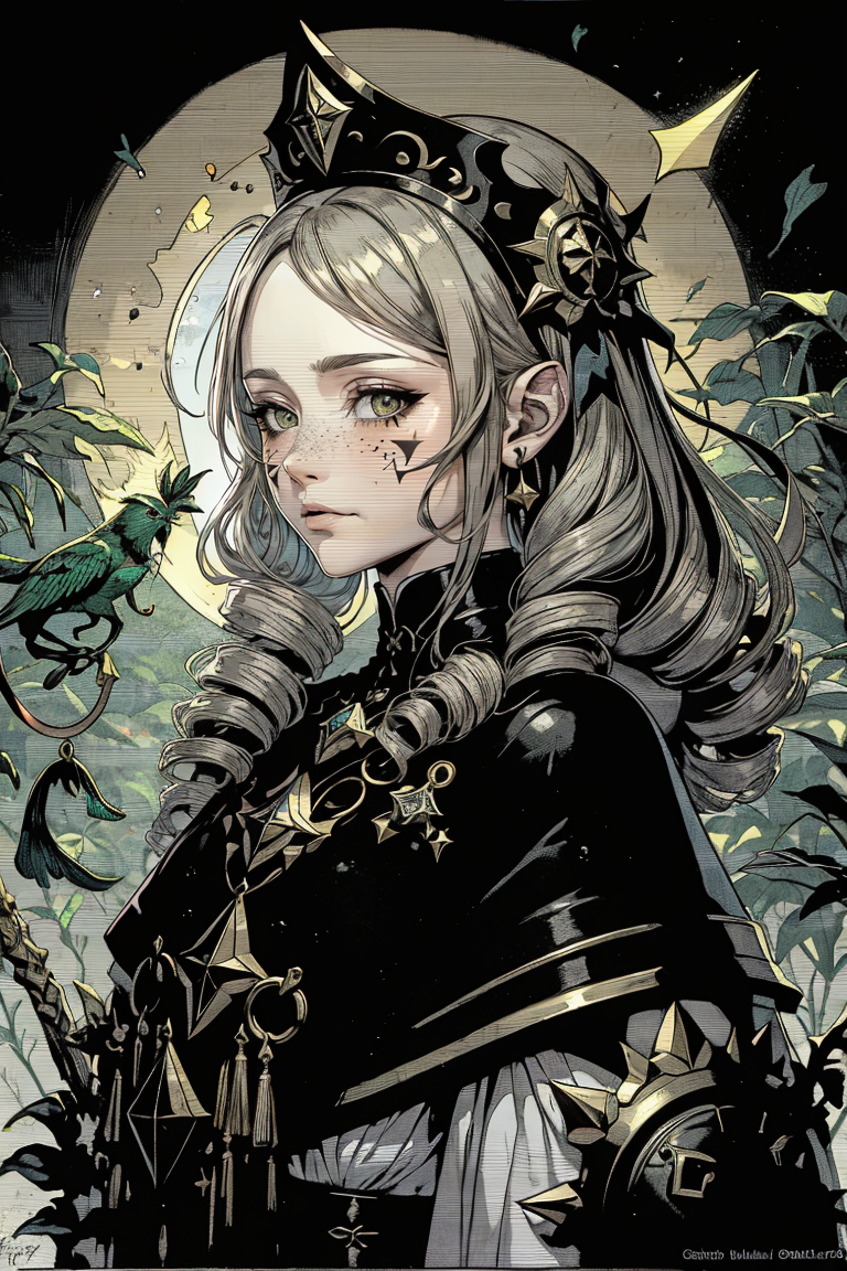 best quality, masterpiece, 1 girl, adult (elven:0.7) woman, freckles, amber eyes, dark blonde drill hair, focus on character, solo, (style-swampmagic:0.8), solo, 30%from front, front view, (full body:0.8), detailed face, tropical jungle theme, sun cleric, (scornful contempt,:1.05), gazing into the distance, 3%tattered uniform, headdress, obsidian charm of the seas 20%carrying glowing shield of the elements, imbued with otherworldly shimmers, 5%carved with mystical symbols, hovering drones orbiting around, 20%necromantic body markings, light brown color scheme, 7%(simple dark green background:1.1),