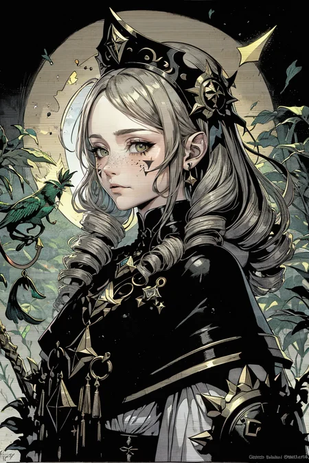 best quality, masterpiece, 1 girl, adult (elven:0.7) woman, freckles, amber eyes, dark blonde drill hair, focus on character, solo, (style-swampmagic:0.8), solo, 30%from front, front view, (full body:0.8), detailed face, tropical jungle theme, sun cleric, (scornful contempt,:1.05), gazing into the distance, 3%tattered uniform, headdress, obsidian charm of the seas 20%carrying glowing shield of the elements, imbued with otherworldly shimmers, 5%carved with mystical symbols, hovering drones orbiting around, 20%necromantic body markings, light brown color scheme, 7%(simple dark green background:1.1),