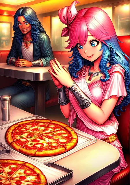 masterpiece, best quality, amazing quality, GOHPIA, 1girl, medium length hair, blue hair, blue eyes pink hair bow, silver bracers, neckace, gold bead belt, long pink gown, pink shawl, pink shoulder sash, lips,chwo,rainch, :q, wide eyed, looking down, hands together, indoors, diner, sitting, table, pizza, large pizza, deluxe pizza, delicious pizza, exquisite pizza