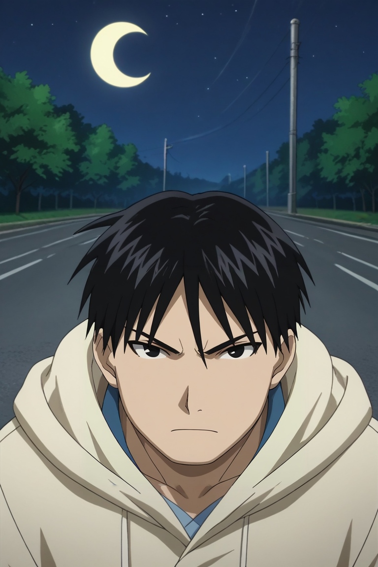 score_9, score_8_up, score_7_up, source_anime, rating_safe, intricate details, anime screencap, , , looking at viewer, depth of field, 1boy, solo, male focus, <lora:roy_mustang_pony:0.88>, roy_mustang, black hair, black eyes, full body, highway, night, crescent moon, lying, on stomach, angry, comic book character costume, <lora:sdxl_lightning_8step_lora:1>