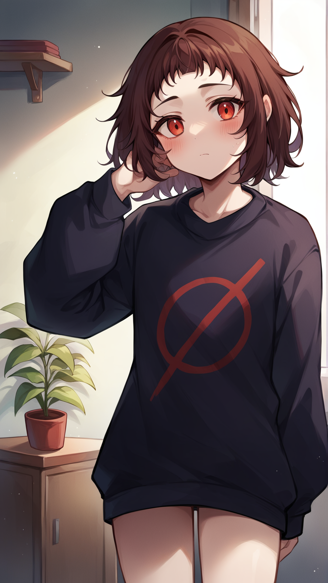 score_9, score_8_up, score_7_up, <lora:Smooth Style 2 SDXL_LoRA_Pony Diffusion V6 XL:0.0>, <lora:Milk-chan LoRA for  Pony Diffusion XL:1>, M-chan, 1girl, solo, black sweater, bare legs, cowboy shot, indoors, rating_safe, (blush:1.1), oversized clothes, looking at viewer, adult girl, 21 y.o.,