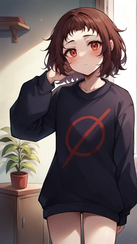 score_9, score_8_up, score_7_up, <lora:Smooth Style 2 SDXL_LoRA_Pony Diffusion V6 XL:0.0>, <lora:Milk-chan LoRA for Pony Diffusion XL:1>, M-chan, 1girl, solo, black sweater, bare legs, cowboy shot, indoors, rating_safe, (blush:1.1), oversized clothes, looking at viewer, adult girl, 21 y.o.,
