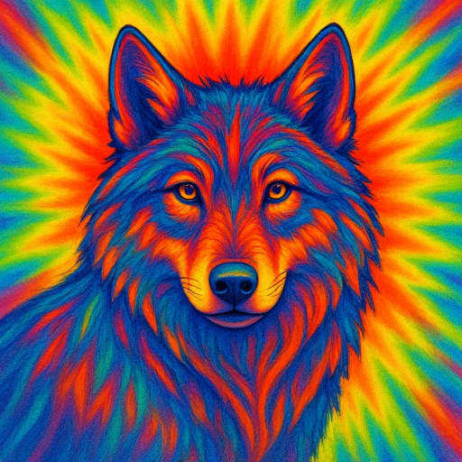 The image is a vibrant, psychedelic drawing of a stylized wolf face.