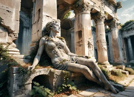 epic wide low-angle shot of ancient Roman ruins, dryad with  grey skin, feet emerging
from ancient building,eyes closed in serenity, open sky, contrasting colors, sunlight peeks through casting dappled light, wispy hair intertwined, muted greys and browns, high detail, hyperrealism, intricate <lora:xl_more_art-full_v1:0.8> <lora:add-detail-xl:0.8>