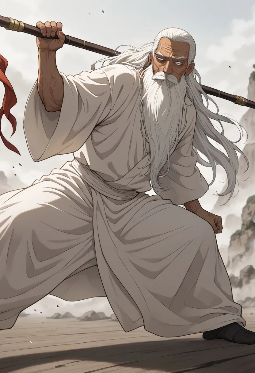 masterpiece, best quality, newest, absurdres, highres, anime, anime style, DPDV1.0, dynamic pose, polearm, holding polearm, holding weapon, weapon,
1boy, dark skin, dark skinned male, white hair, long beard, long hair, monk, white robe, white eyes, blind eyes, wrinkles, wrinkled face, wrinkled, wrikly, old, mature, old man
spear, holding spear,
