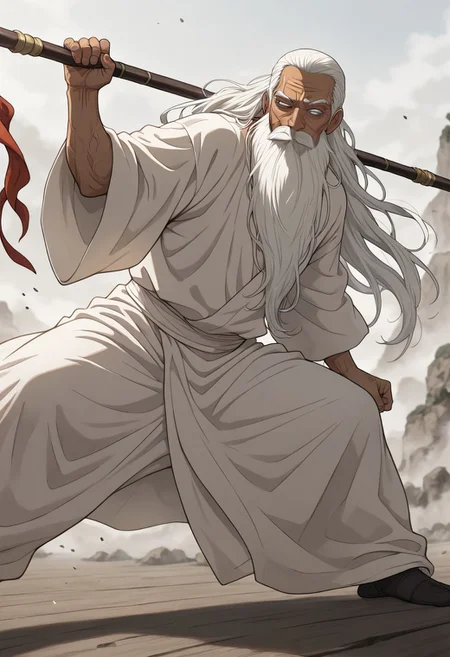 masterpiece, best quality, newest, absurdres, highres, anime, anime style, DPDV1.0, dynamic pose, polearm, holding polearm, holding weapon, weapon,
1boy, dark skin, dark skinned male, white hair, long beard, long hair, monk, white robe, white eyes, blind eyes, wrinkles, wrinkled face, wrinkled, wrikly, old, mature, old man
spear, holding spear,