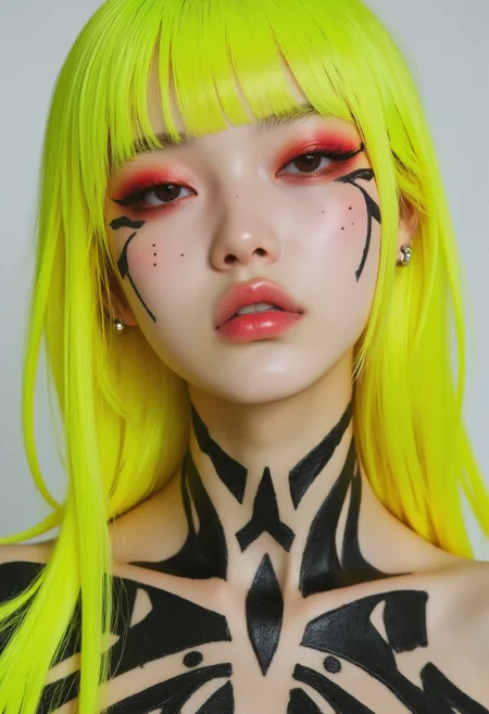 This is a high-resolution, monochromatic photograph of a young asian woman with an otherworldly appearance. She has light skin with a scattering of freckles across her face and neck, giving her a youthful, fresh look. Her white eyes lacking pupils and irises, which adds to the mysterious and unsettling atmosphere of the image. long neon yellow hair with blunt bangs, heavy red eye makeup, with a few strands falling loosely around her face.
She wears tribal-inspired, geometric black body paint on her face, neck, and shoulders, featuring intricate patterns and shapes that resemble futuristic or ancient tribal designs. The black markings are bold and sharp, contrasting starkly against her pale skin. Her lips are full and slightly parted, giving a contemplative expression. She has a silver ring piercing in each ear, adding a modern, edgy touch to her appearance.
The background is a plain, light gray, which helps emphasize the subject without any distractions. The overall aesthetic combines elements of tribal art, body paint, and a futuristic cyberpunk style, blending seamlessly into a haunting, avant-garde portrait. The lighting is soft and even, casting subtle shadows that enhance the contours of her face and the intricate patterns on her skin.