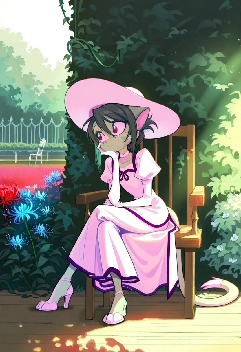 score_9, score_8_up, score_7_up,lilith_calah,
1girl,solo,furry,tail,dark green hair, source_furry,
,<lora:lilith_calah_illustrious:0.8>,
child,
masterpiece,best quality, folded ponytail, hair between eyes, bridal dress, white dress, white choker, juliet sleeves, puffy sleeves, white elbow gloves, white strappy heels, white sun hat,
sitting on a wooden chair, crossed legs, garden, vines, blue flowers, red spider lily, looking away, arm on lap, head rest, resting head on hand, deep shadows, soft shading, dappled sunlight,
wide shot, full body