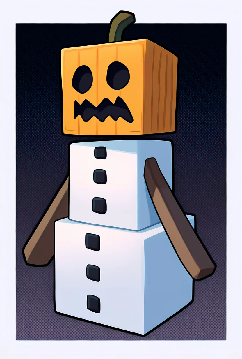<lora:snowglm-10:1> snowglm, no humans, white body, pumpkin head, solo, standing, cube head, cube body, stick hands, brown arms, sharp mouth, big mouth, ice background,, masterpiece, best quality, amazing quality, very aesthetic, absurdres, newest,, upper body, halftone effect, white borders, abstract background:1.2,