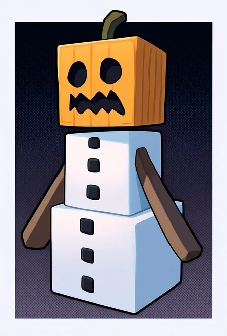 <lora:snowglm-10:1> snowglm, no humans, white body, pumpkin head, solo, standing, cube head, cube body, stick hands, brown arms, sharp mouth, big mouth, ice background,, masterpiece, best quality, amazing quality, very aesthetic, absurdres, newest,, upper body, halftone effect, white borders, abstract background:1.2,