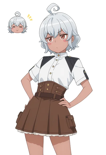 Smooth Quality,masterpiece, ultra realistic,
simple background, white background,
dynamic angle,=v=,hand on own hip,
 <lora:AquaErisCnn:0.8>Eris/Cnn, Sist/Cnn, 1girl, ahoge, blush stickers, dark-skinned female, skirt, uniform,petite,