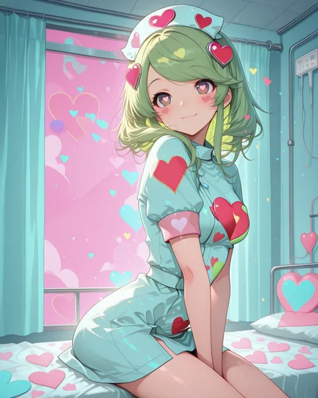 masterpiece,best quality,highres illustration,detailed face,1girl,cowboy shot,from side,<lora:heartheart_IL:1.5>,colorful heart,swept bangs,green hair,nurse,sitting,