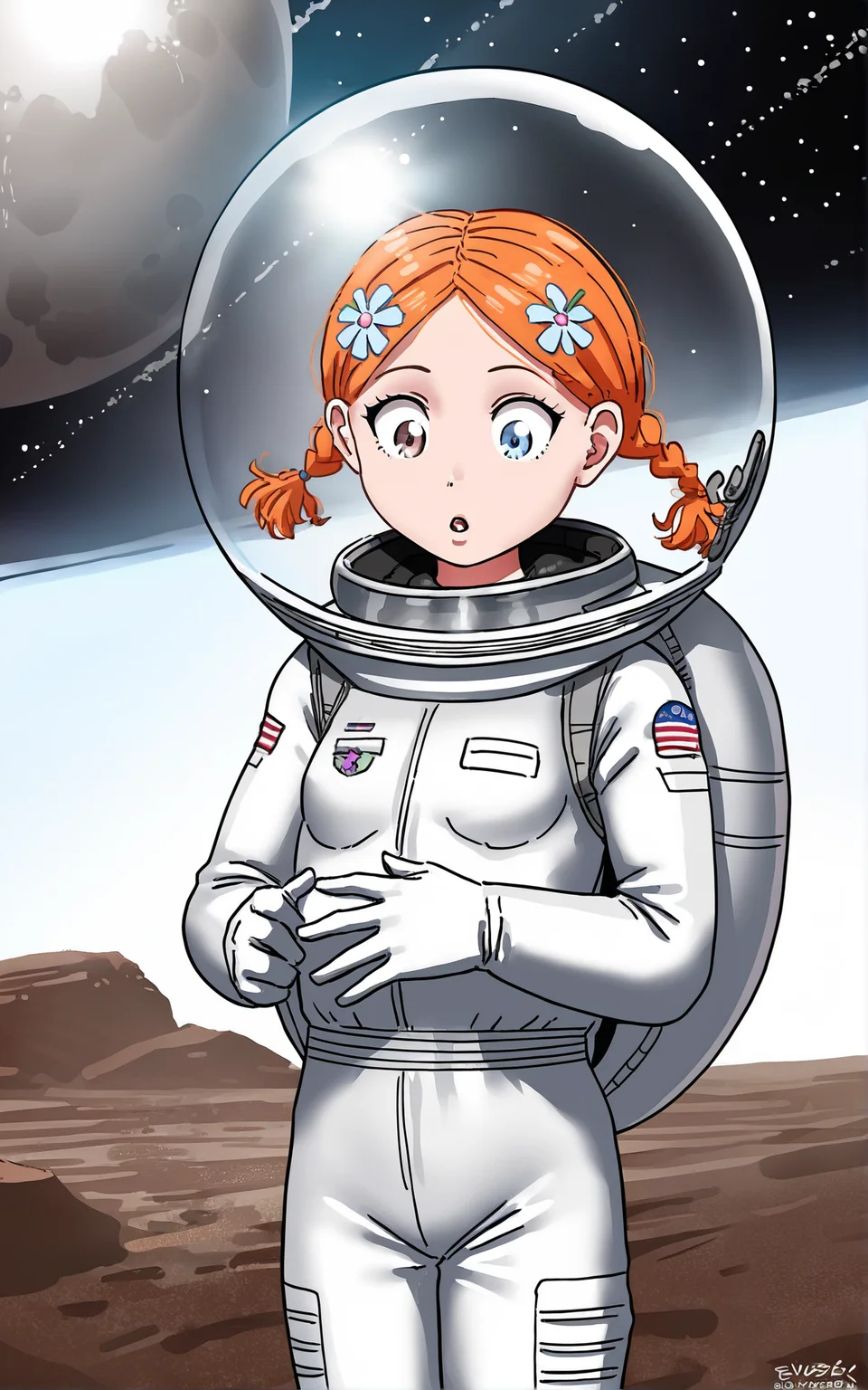 score_9_up, source_cartoon, suzieq, 1girl, orange hair, solo. hair ornament, looking down. flower, hair flower, short hair, blue eyes,heterochromia, hairclip, astronaut suit. astronaut helmet. outer space. twintails, braid. surprised.