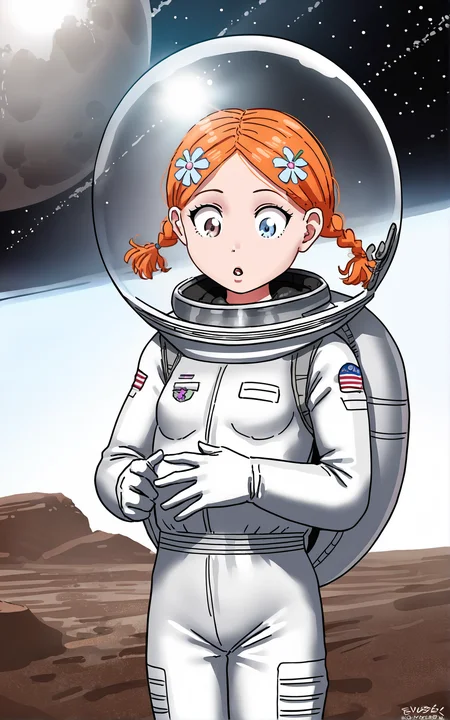 score_9_up, source_cartoon, suzieq, 1girl, orange hair, solo. hair ornament, looking down. flower, hair flower, short hair, blue eyes,heterochromia,  hairclip,  astronaut suit. astronaut helmet. outer space.  twintails, braid. surprised.