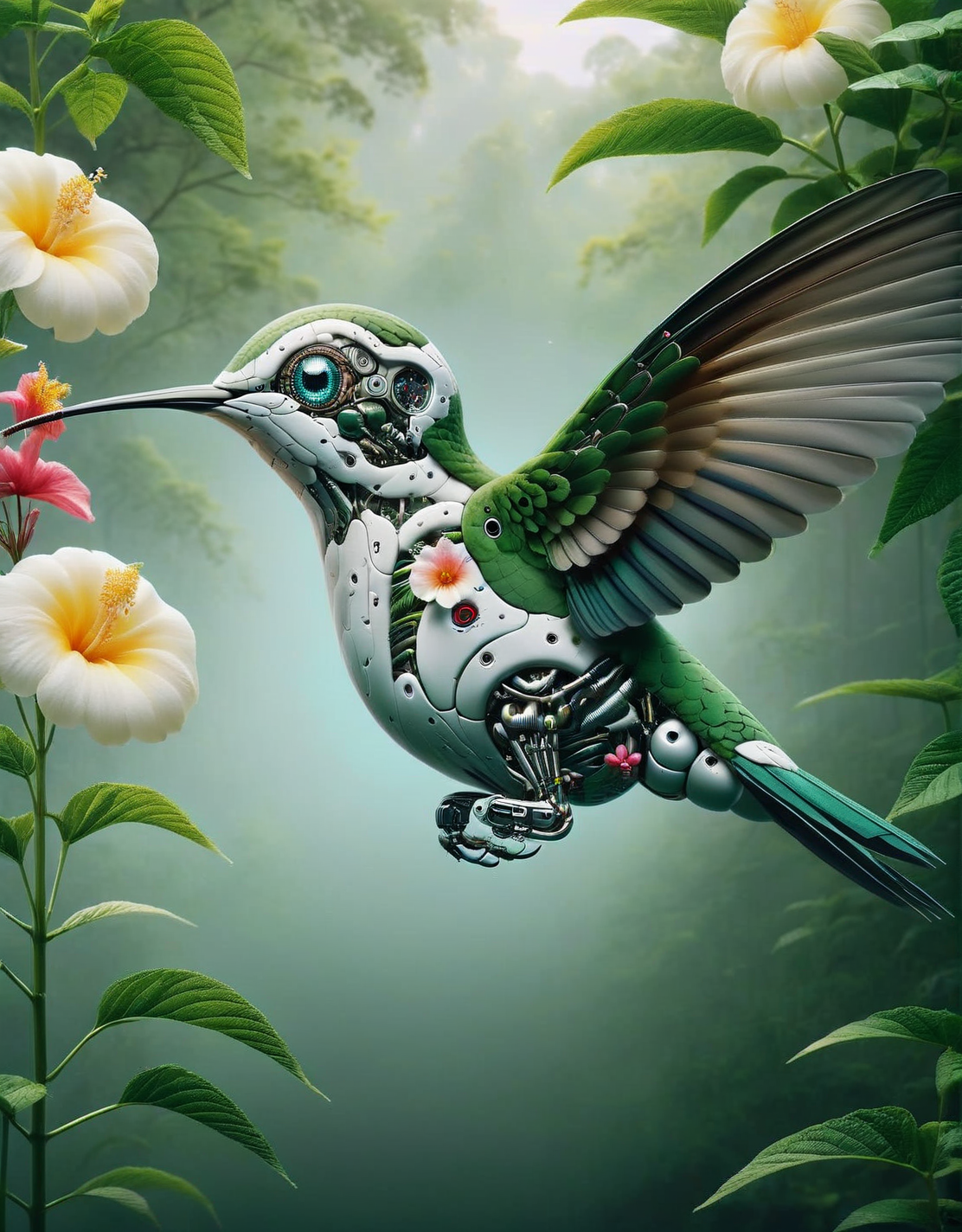 A ais-rbts hummingbird,hovering near a flower, in a lush forest <lora:ais-rbts-sdxl:1>, masterpiece, uhd, 4k