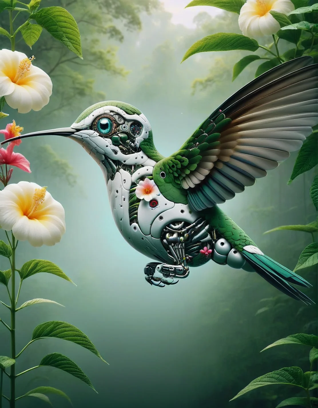 A ais-rbts hummingbird,hovering near a flower, in a lush forest <lora:ais-rbts-sdxl:1>, masterpiece, uhd, 4k