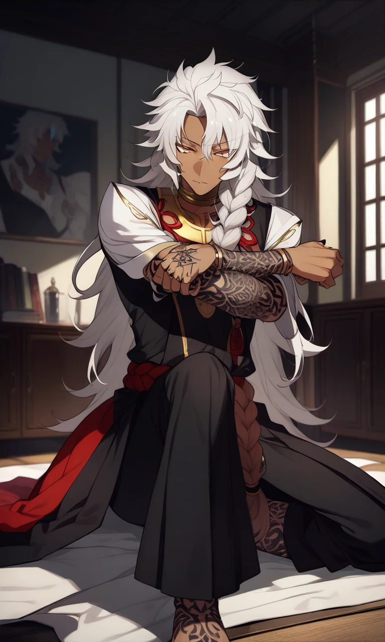 ,score_9, score_7_up, source_anime, solomon_(fgo), handsome, dark-skinned man, long hair, white hair, messy hair, ahoge, braid, yellow eyes, jewelry, long robes, tattoo, black fingernails, cross-body stretch, stretching