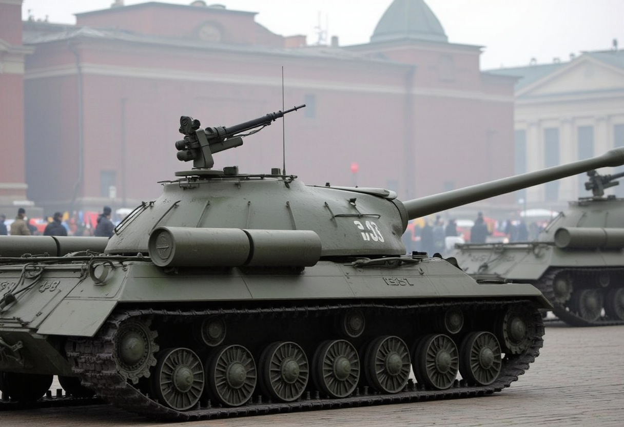 <lora:is3:0.9>is3,This is the Soviet heavy tank, IS3. The vehicle length is 6.67 m, the overall width is 3.2 m, and the overall height is 2.45 m.from side.A vehicle-mounted machine gun on a turret pointed upwards.no humans.Military parade on Red Square, Moscow.