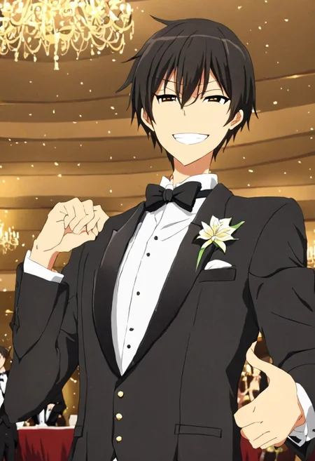 high resolution, solo, best quality, 1Boy, Kanie Seiya, Black Hair, luxury hotel, Ballroom, tuxedo, smile, confident, OverallDetail