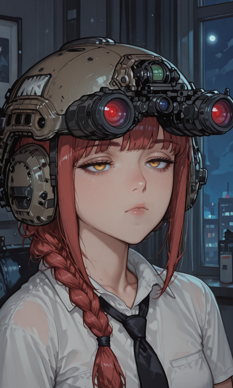 embedding:IllusP0s, artist:moriimee, n0ds, night vision device, helmet, makima, red hair, bangs, braided ponytail, white shirt, black tie, bored, 1girl, solo, indoors, night, close-up, embedding:Smooth Negative-neg, embedding:IllustriousQual,<lora:n0ds_ill_v2.safetensors:1.0:1.0> <lora:MoriiMee_Gothic_Niji_Style_Illustrious_r1.safetensors:0.85:0.85>