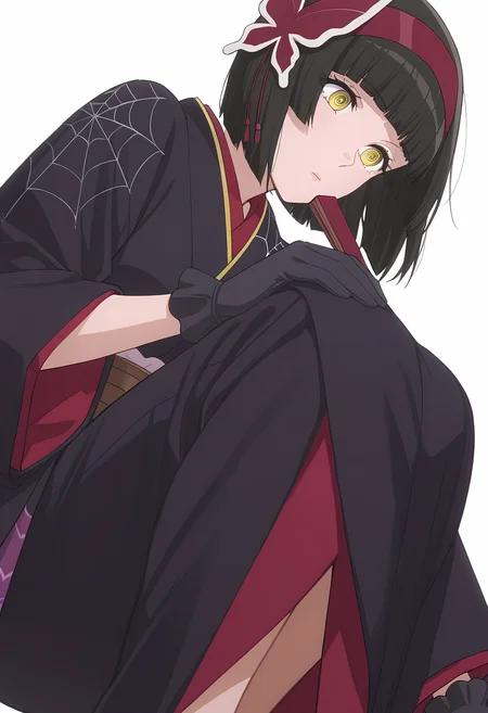 Smooth Quality,masterpiece, ultra realistic,
simple background, white background,
from below,@ @,hand on own knee ,
<lora:MioCnn:0.8> Mio/Cnn, 1girl, short hair, bangs, japanese clothes, kimono, yellow eyes, hairband, blunt bangs, black gloves, black hair, spider web print,butterfly hair ornament,folding fan,