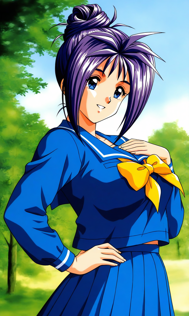 general,highres, ultra-detailed,very aesthetic,best quality ,best hands, BREAK <lora:Katagiri_Ayako_Tokimeki_Memorial_IS:1>
Katagiri_Ayako(Tokimeki_Memorial), 1girl, solo, blue eyes, purple hair, single hair bun, short hair, bangs, large breasts,
blue school uniform, blue serafuku, blue skirt, Yellow bow, hand on own chest, sailor collar, blue sailor collar,  parted lips,
hands on own hip,
smile, long sleeves, pleated skirt, outdoor, tree, sky,