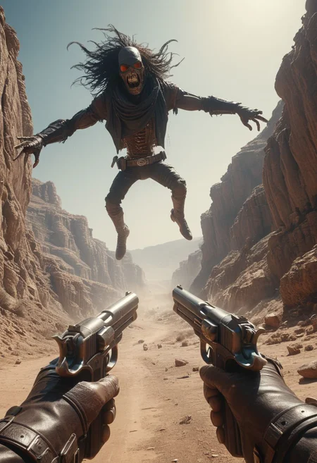dual pistol pov, first person view, Two hands gripping pistols, a giant rough black clothed Cowboy with scarf and eye-patch. Gunslinger enemy, Blood Splash,  One gun fires, the bullet gracefully soaring in slow motion, leaving a trail behind as it approaches its target amidst the rugged terrain of the sunset-lit frontier. Embrace the dust, wind, and aged ruggedness of the scene.
 atmospheric haze, Film grain, cinematic film still, highly detailed, high budget, cinemascope, moody, epic, OverallDetail, gorgeous, 2000s vintage RAW photo, photorealistic, candid camera, color graded cinematic, eye catchlights, atmospheric lighting, skin pores, imperfections, natural, shallow dof,