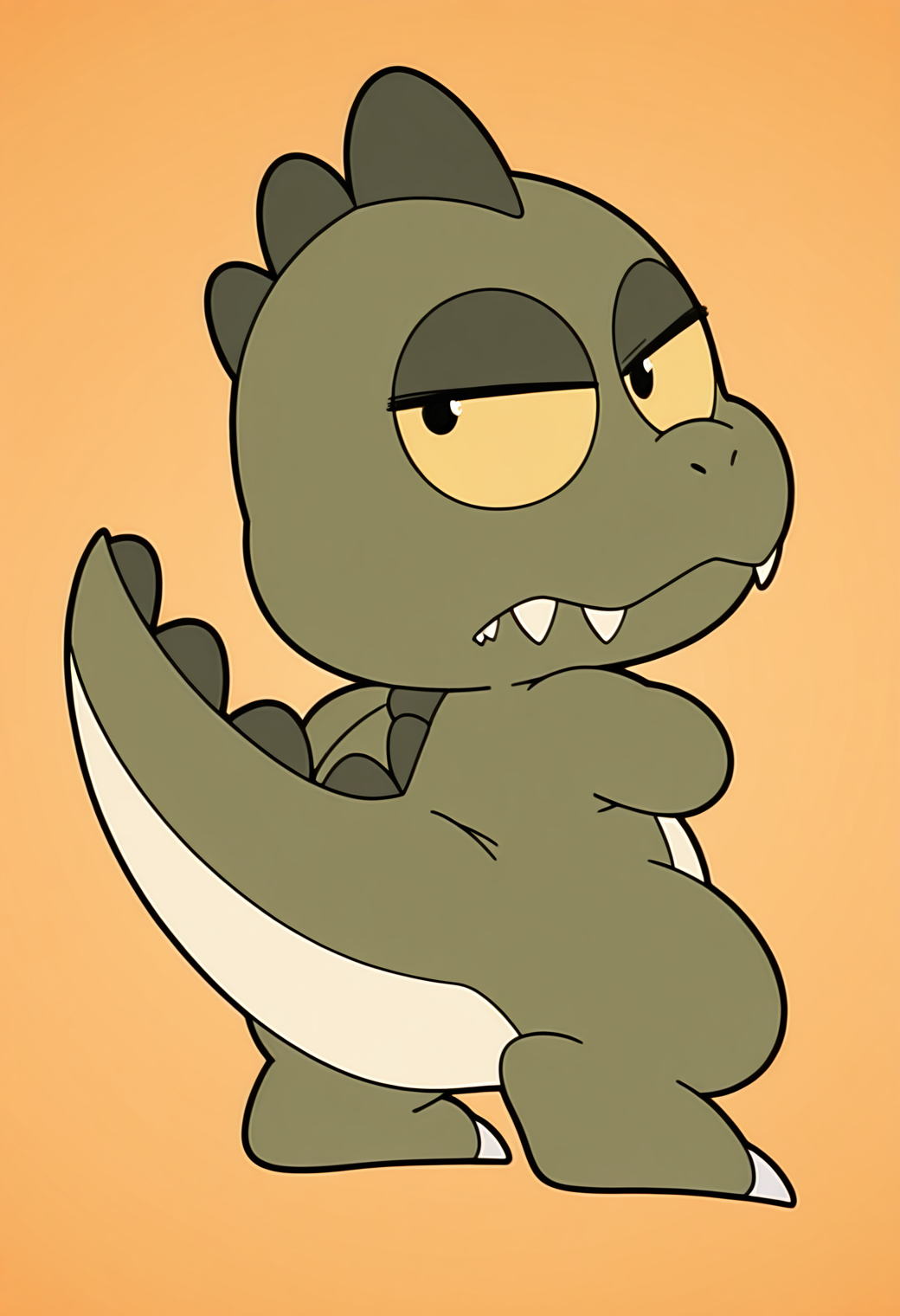masterpiece, best quality, very aesthetic, absurdres, no humans, solo, official style, chibi,
<lora:mukamuka_v01:1.0>, mukamuka, dinosaur, black eyes, yellow sclera, fangs, fangs out, tail, posing, from behind