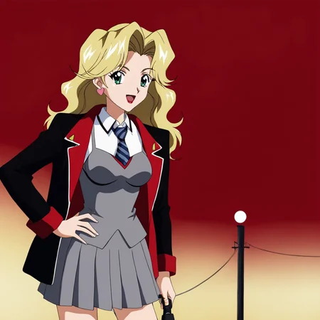 <lora:JudyCowboyBebop_pony_v1:.65> JudyCowboyBebop, 1girl, blonde hair, long hair, earrings, retro artstyle, green eyes, breasts, 1990s (style), cowboy shot,  <lora:camisole_pony_V1.1:0.6> camisole,shorts, <lora:1014 Home wear 32_v1_pony:1> uanyi1014,black jacket,grey skirt,grey vest,pleated skirt,striped necktie,clasp,